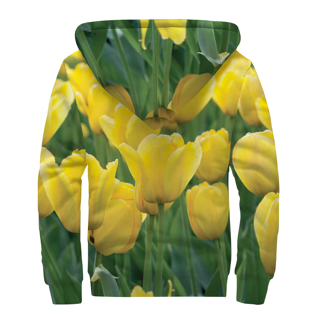 Yellow Tulip Print Sherpa Lined Zip Up Hoodie