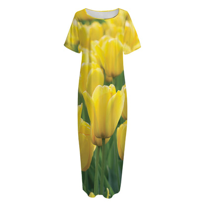 Yellow Tulip Print Short Sleeve Long Nightdress