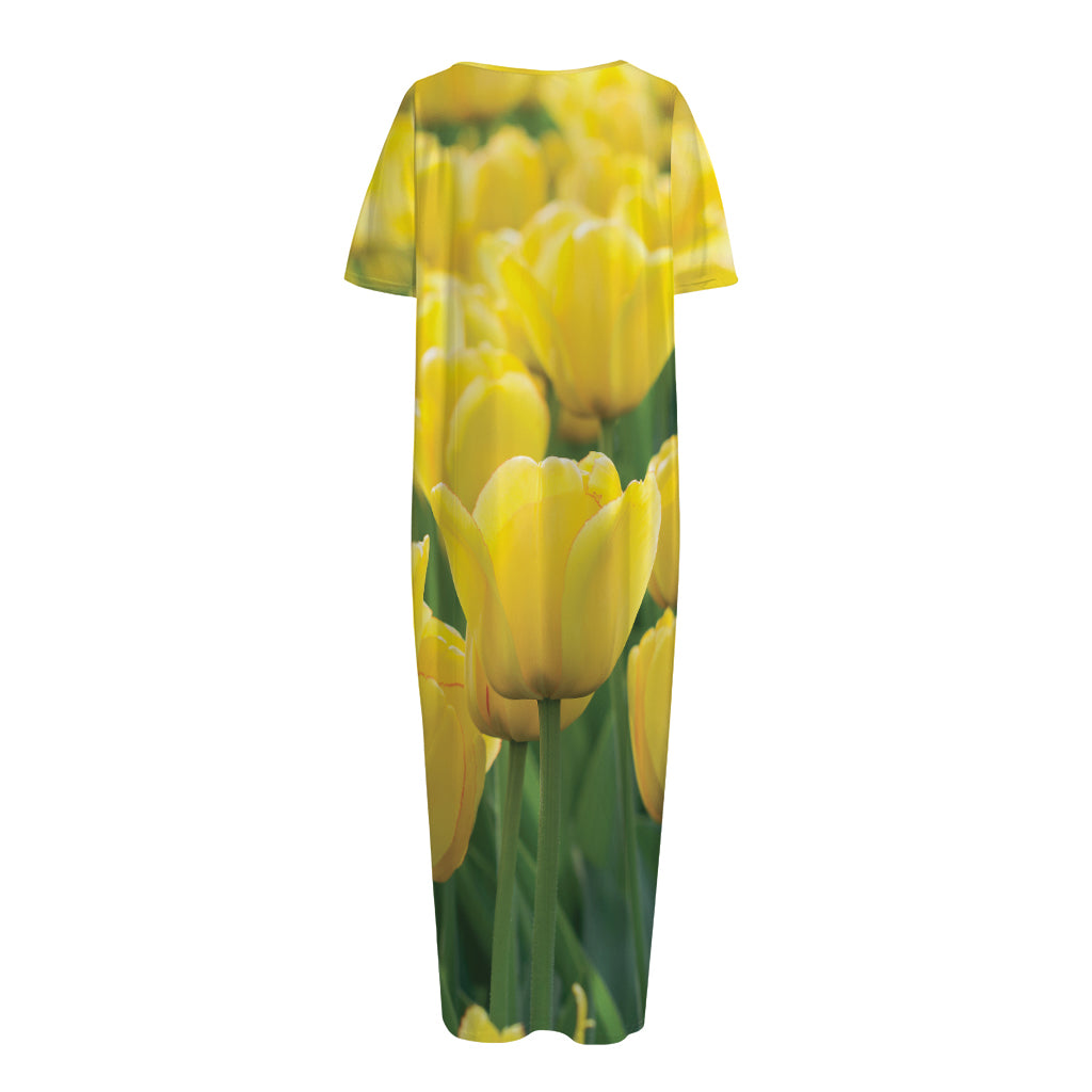 Yellow Tulip Print Short Sleeve Long Nightdress