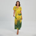Yellow Tulip Print Short Sleeve Maxi Dress