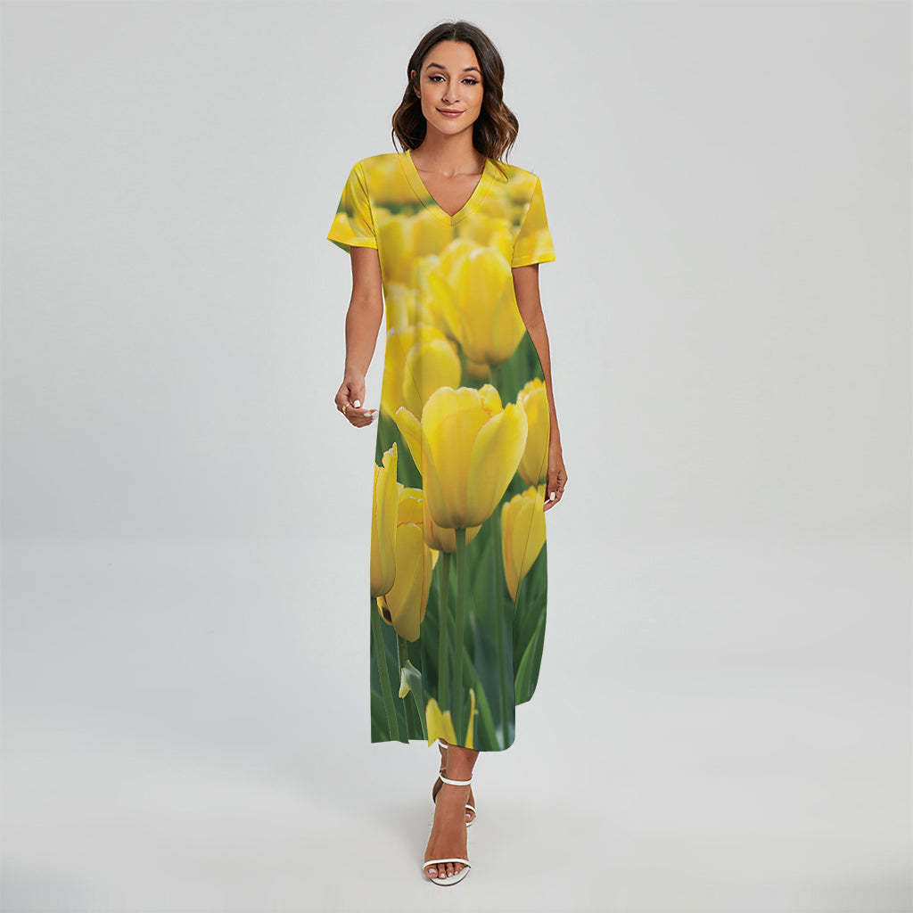 Yellow Tulip Print Short Sleeve Maxi Dress