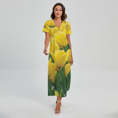 Yellow Tulip Print Short Sleeve Maxi Dress