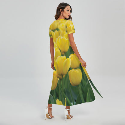 Yellow Tulip Print Short Sleeve Maxi Dress