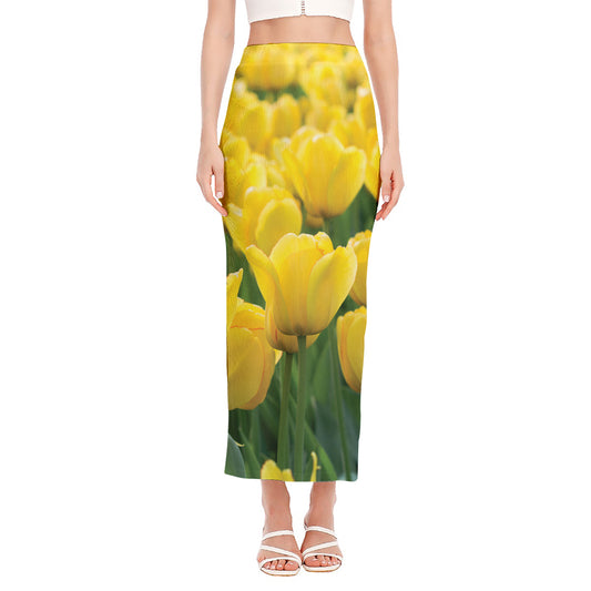 Yellow Tulip Print Side Slit Maxi Skirt