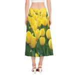 Yellow Tulip Print Side Slit Midi Skirt