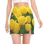 Yellow Tulip Print Side Slit Mini Skirt