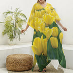 Yellow Tulip Print Silk V-Neck Kaftan Dress