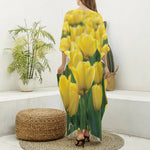 Yellow Tulip Print Silk V-Neck Kaftan Dress