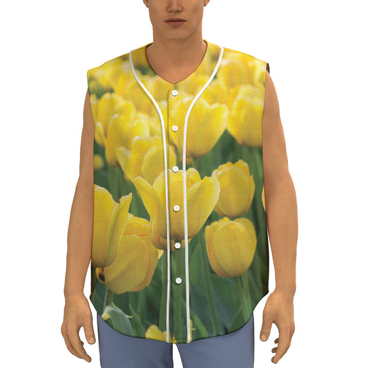 Yellow Tulip Print Sleeveless Baseball Jersey