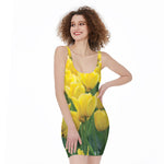 Yellow Tulip Print Sleeveless Bodycon Dress