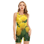 Yellow Tulip Print Sleeveless One Piece Swimsuit