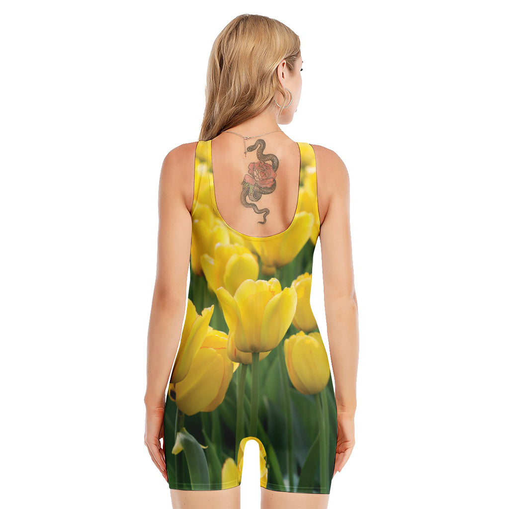 Yellow Tulip Print Sleeveless One Piece Swimsuit