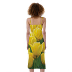 Yellow Tulip Print Slim Fit Midi Cami Dress