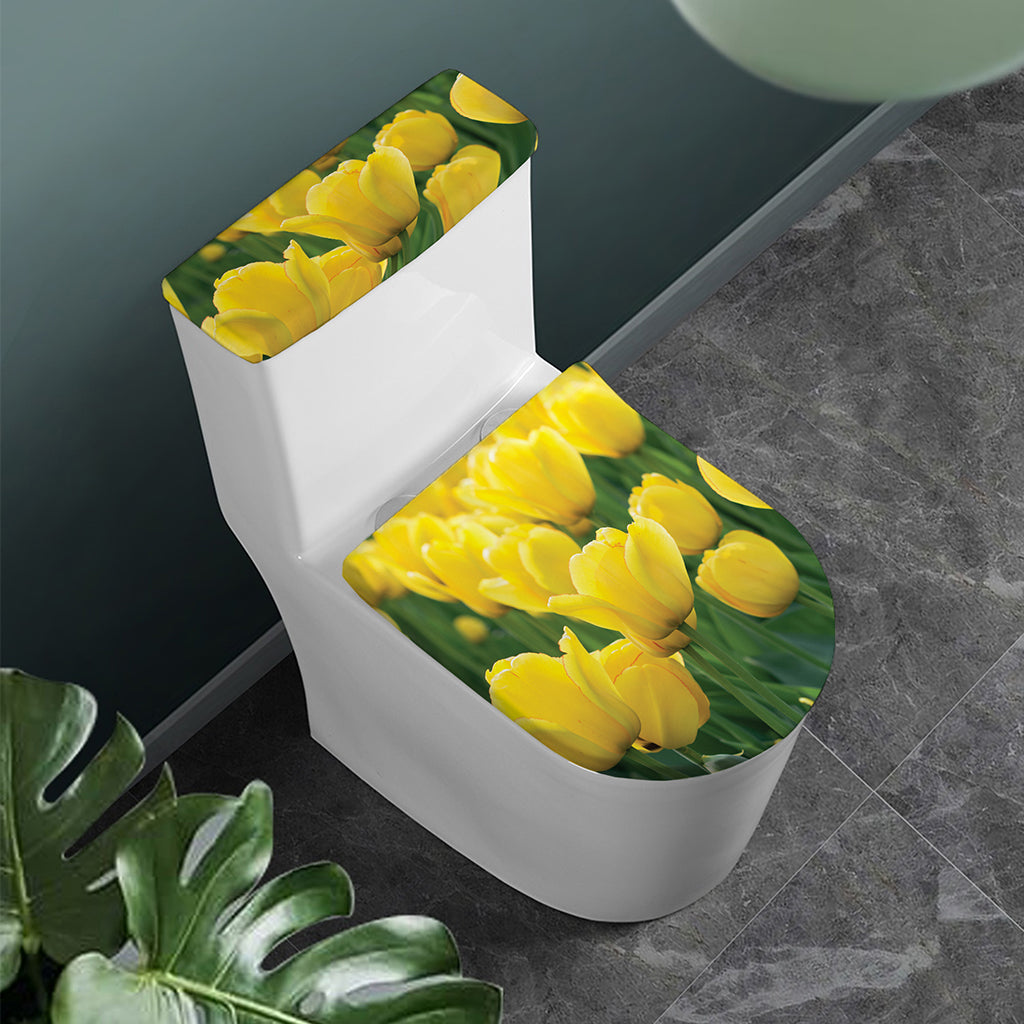 Yellow Tulip Print Toilet Lid And Tank Cover Set