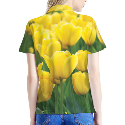 Yellow Tulip Print Women's Polo Shirt