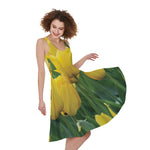 Yellow Tulip Print Women's Sleeveless Dress