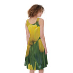 Yellow Tulip Print Women's Sleeveless Dress