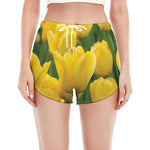 Yellow Tulip Print Women's Split Running Shorts