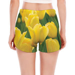 Yellow Tulip Print Women's Split Running Shorts