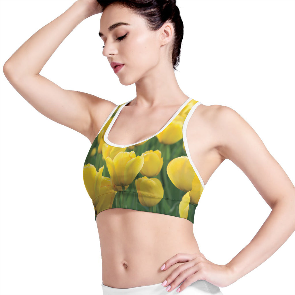 Yellow Tulip Print Women's Sports Bra