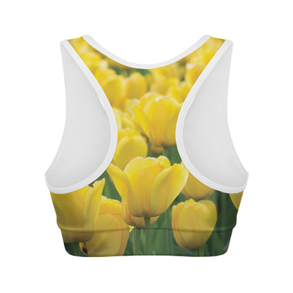 Yellow Tulip Print Women's Sports Bra