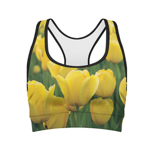 Yellow Tulip Print Women's Sports Bra