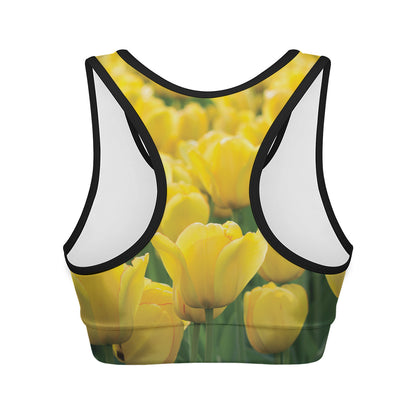 Yellow Tulip Print Women's Sports Bra