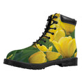 Yellow Tulip Print Padded Collar Lace Up Boots