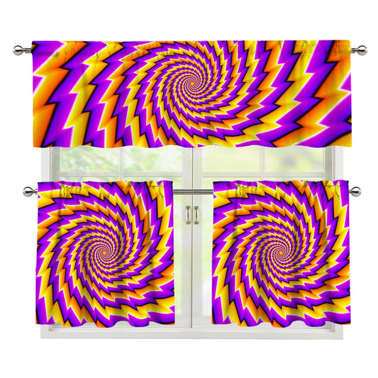Yellow Twisted Moving Optical Illusion 3 Piece Kitchen Curtains