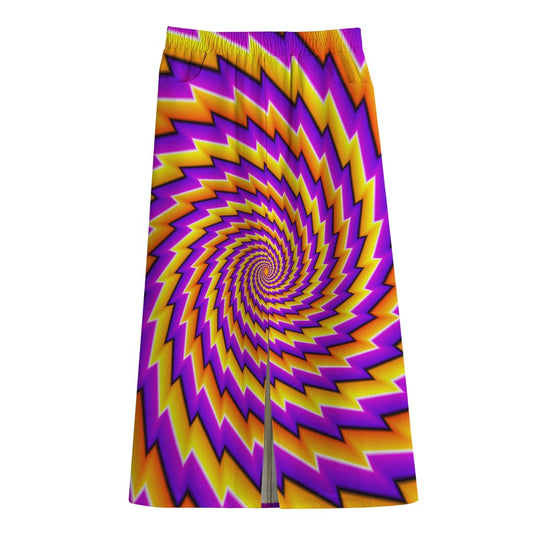 Yellow Twisted Moving Optical Illusion Cotton Front Slit Maxi Skirt