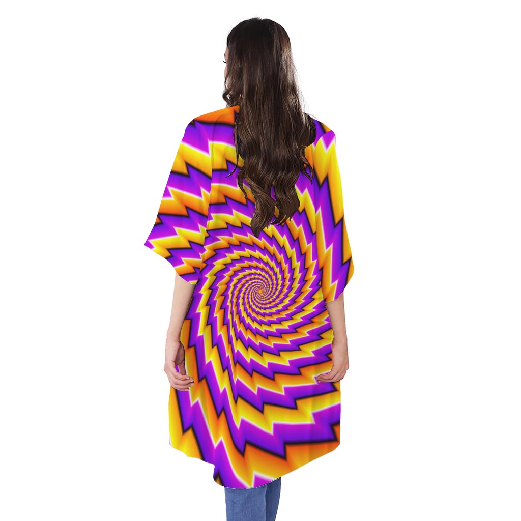 Yellow Twisted Moving Optical Illusion Open Front Beach Cover Up
