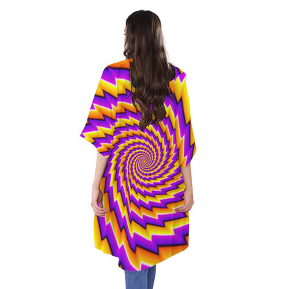 Yellow Twisted Moving Optical Illusion Open Front Beach Cover Up