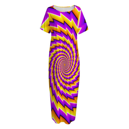 Yellow Twisted Moving Optical Illusion Short Sleeve Long Nightdress