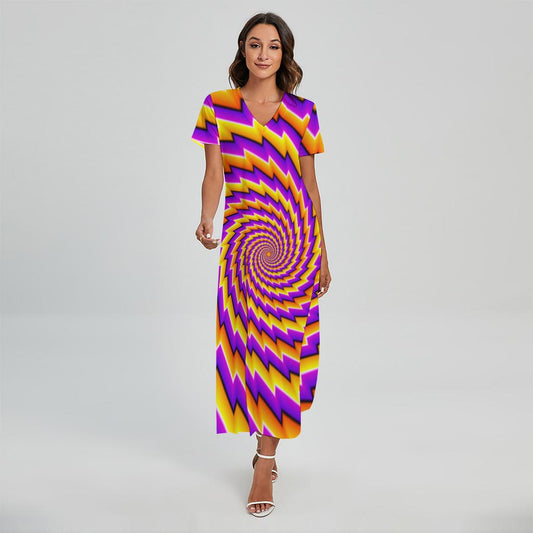 Yellow Twisted Moving Optical Illusion Short Sleeve Maxi Dress