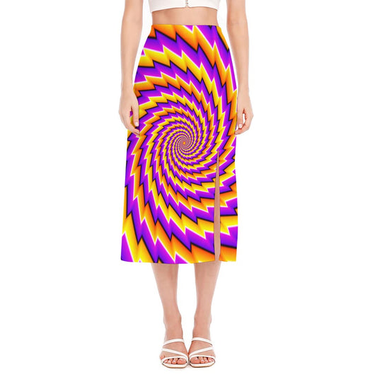 Yellow Twisted Moving Optical Illusion Side Slit Midi Skirt
