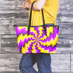 Yellow Vortex Moving Optical Illusion Leather Tote Bag