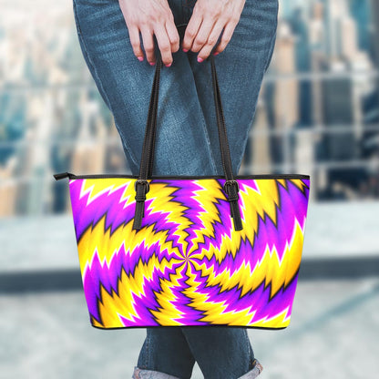 Yellow Vortex Moving Optical Illusion Leather Tote Bag