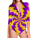 Yellow Vortex Moving Optical Illusion Long Sleeve Swimsuit