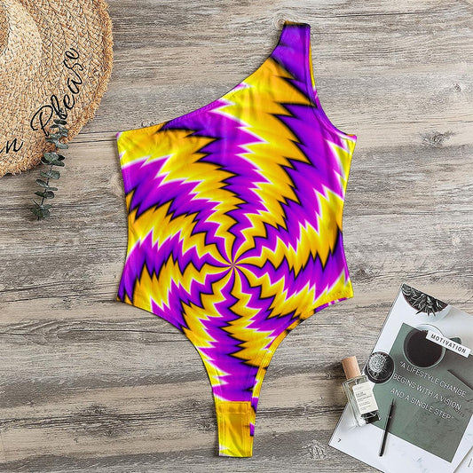 Yellow Vortex Moving Optical Illusion One Shoulder Bodysuit