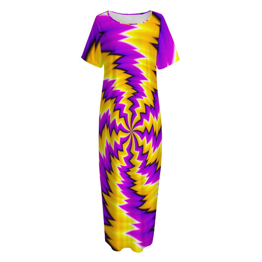 Yellow Vortex Moving Optical Illusion Short Sleeve Long Nightdress