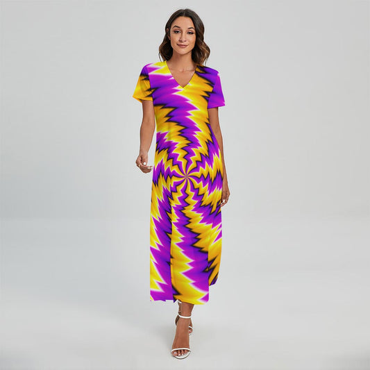 Yellow Vortex Moving Optical Illusion Short Sleeve Maxi Dress