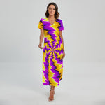 Yellow Vortex Moving Optical Illusion Short Sleeve Maxi Dress