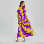 Yellow Vortex Moving Optical Illusion Short Sleeve Maxi Dress