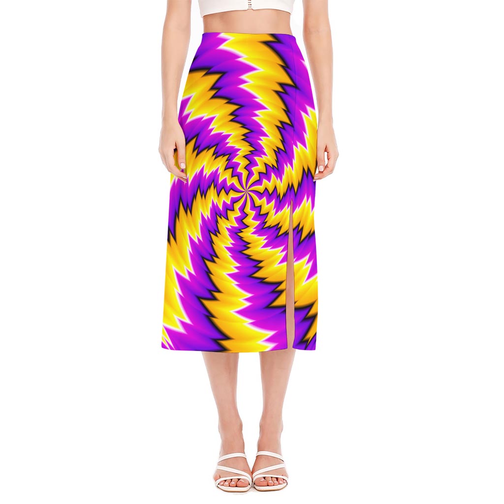 Yellow Vortex Moving Optical Illusion Side Slit Midi Skirt