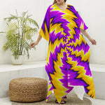 Yellow Vortex Moving Optical Illusion Silk V-Neck Kaftan Dress