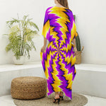 Yellow Vortex Moving Optical Illusion Silk V-Neck Kaftan Dress