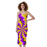 Yellow Vortex Moving Optical Illusion Slim Fit Midi Cami Dress