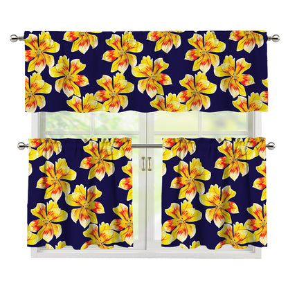 Yellow Watercolor Lily Pattern Print 3 Piece Kitchen Curtains