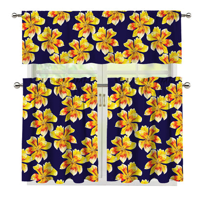 Yellow Watercolor Lily Pattern Print 3 Piece Kitchen Curtains