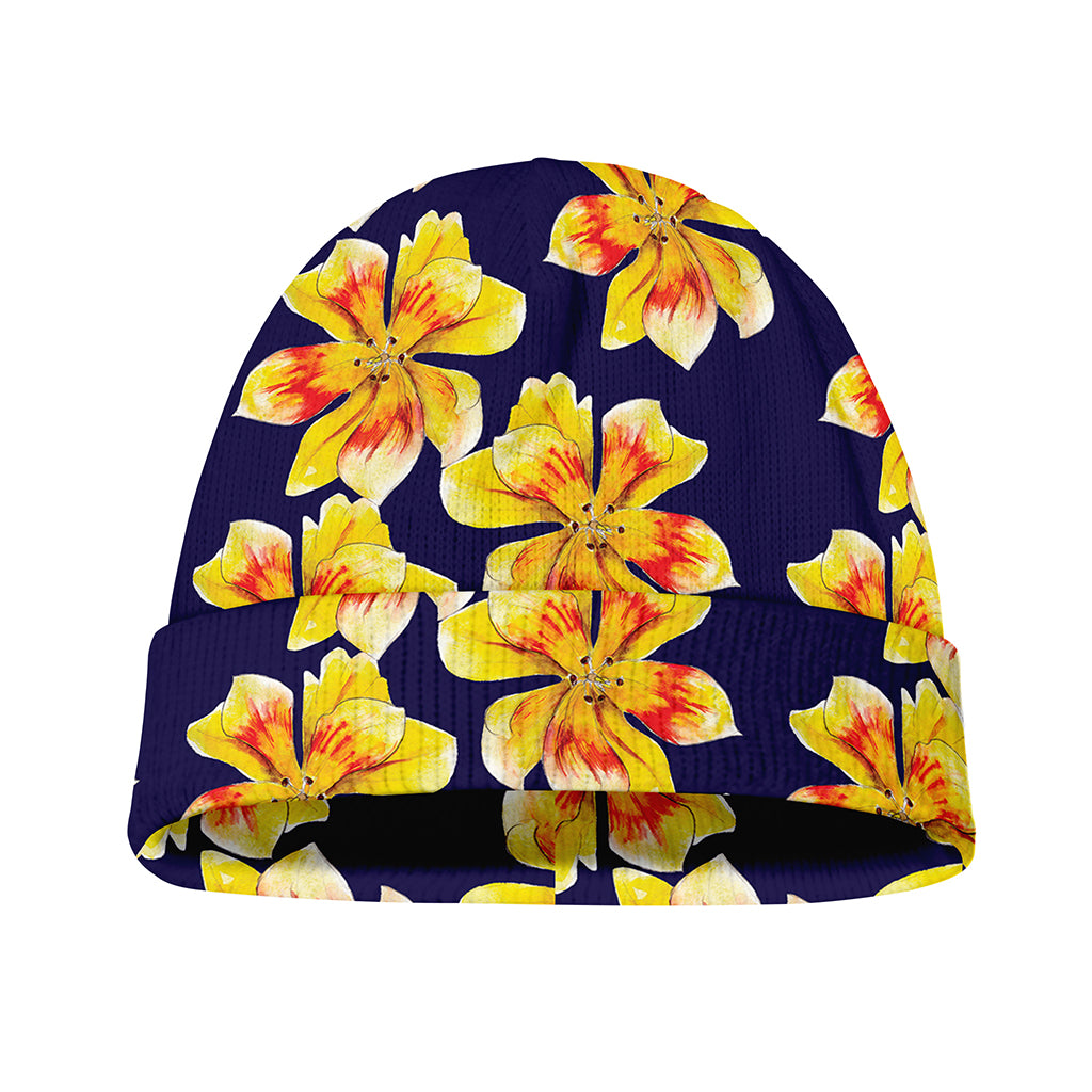 Yellow Watercolor Lily Pattern Print Beanie